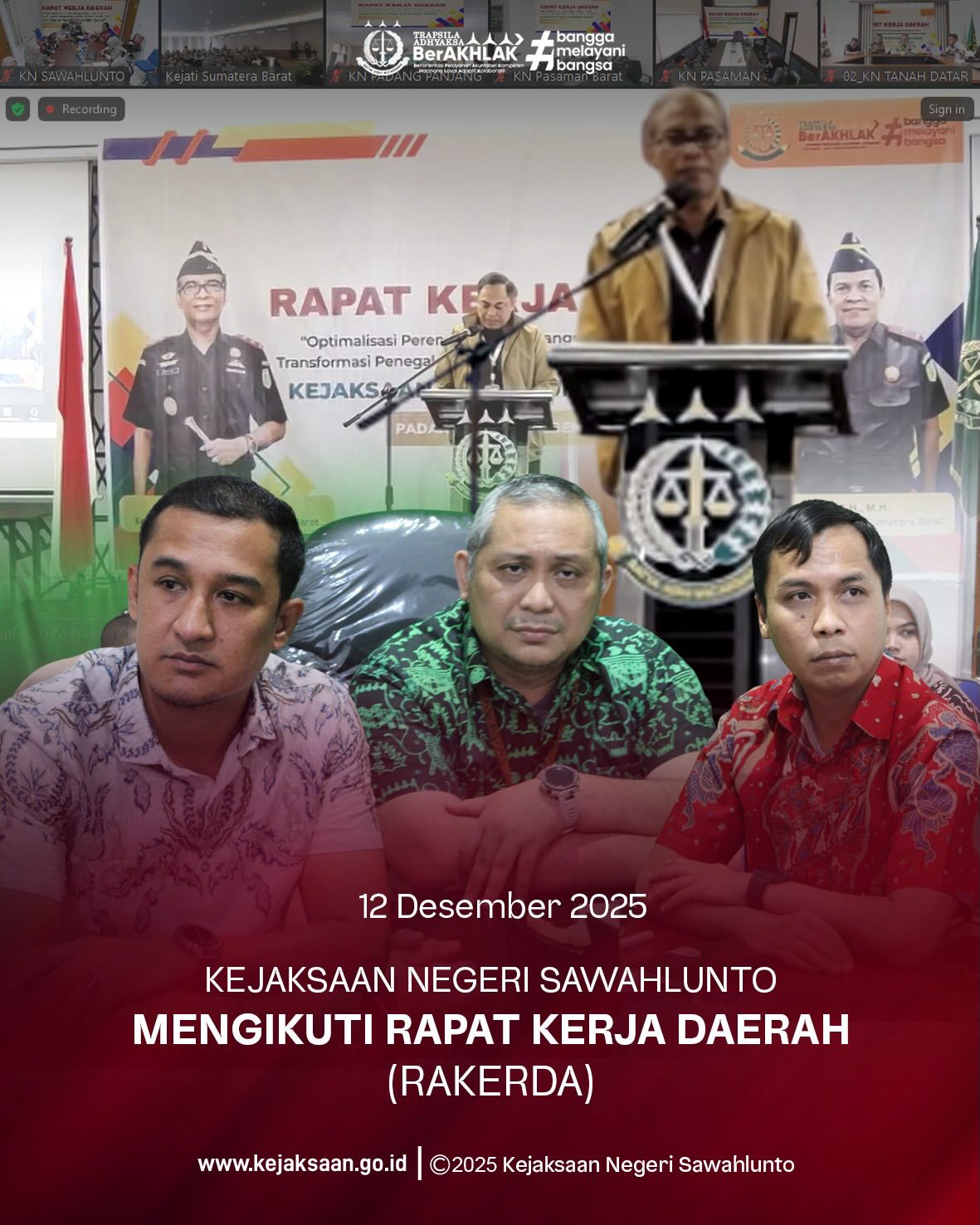 Bahwa pada Jumat tanggal 12 Desember 2025, Pukul 10.00 Wib bertempat di Ruang Video Conference Kantor Kejaksaan Negeri Sawahlunto, Para Kasi dan Jaksa Fungsional beserta Staff Kejaksaan Negeri Sawahlunto, mengikuti Rapat Kerja Daerah (RAKERDA) secara daring melalui sarana Aplikasi Zoom Meeting. Rangkaian kegiatan hari kedua berjalan dengan lancar dan penuh semangat kolaborasi. Mulai dari penyusunan Kebutuhan Riil Tahun 2027, penyampaian hasil raker Kejati Sumbar Tahun 2025, hingga pengumuman kinerja per bidang periode Januari–November 2025, seluruh peserta menunjukkan komitmen kuat dalam meningkatkan kualitas kinerja dan pelayanan publik.Melalui kegiatan ini, kami terus memperkuat sinergi, meningkatkan akuntabilitas, dan membangun Kejaksaan yang semakin profesional dan berintegritas. - from Instagram