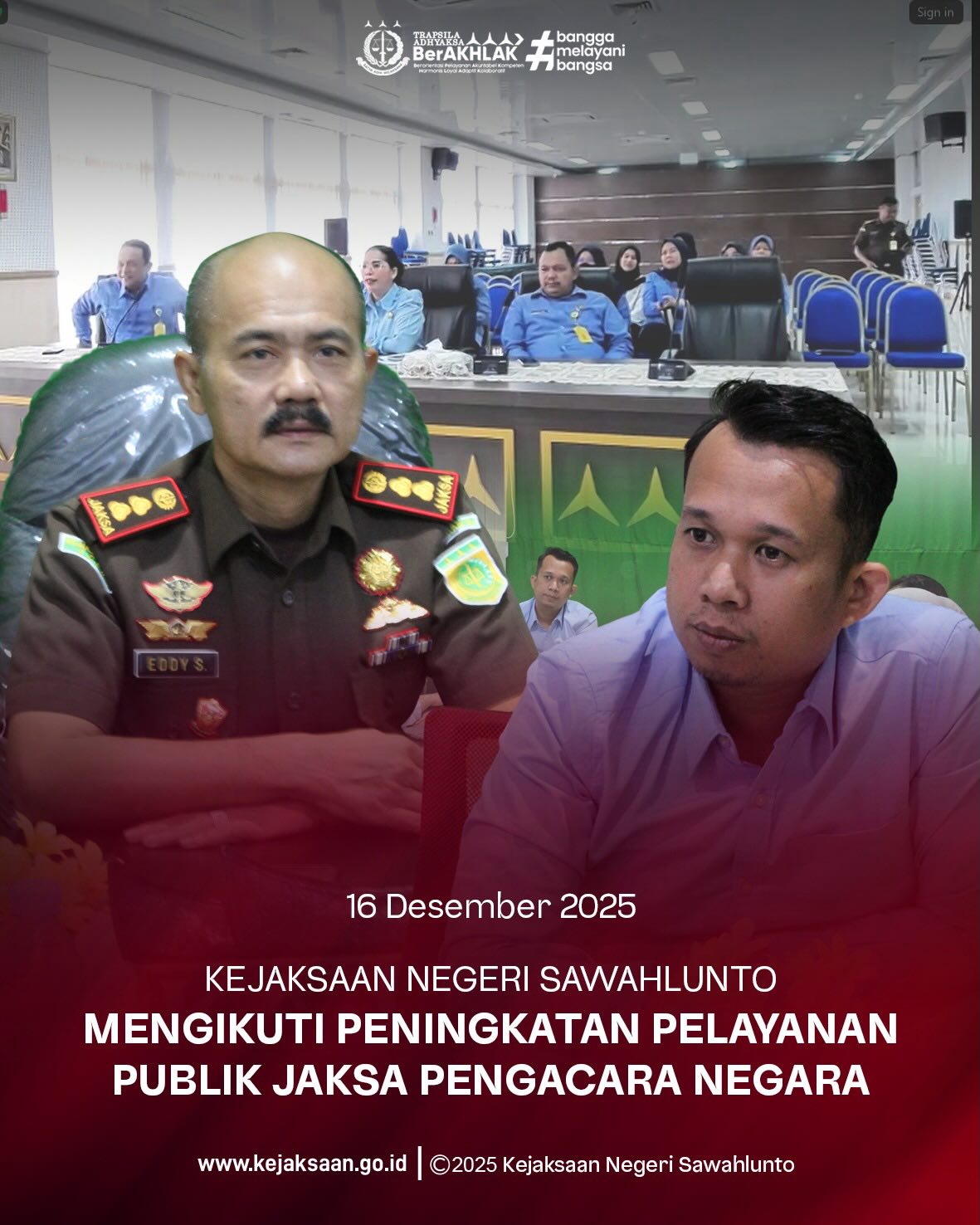 Bahwa pada Selasa tanggal 16 Desember 2025, Pukul 09.00 Wib, Bertempat di Ruang Video Conference Kantor Kejaksaan Negeri Sawahlunto, Kepala Kejaksaan Negeri Sawahlunto, Bapak Eddy Samrah L, S.H., M.H., bersama Kepala Seksi Perdata dan Tata Usaha Negara, Bapak Didi Vinaldo Edwar, S.H., Jaksa Fungsional, beserta Staff Bidang Perdata dan Tata Usaha Negara mengikuti Peningkatan Pelayanan Publik Jaksa Pengacara Negara secara daring melalui Zoom Meeting.Dalam rangka peningkatan kualitas pelayanan publik, Kejaksaan Tinggi Sumatera Barat menyelenggarakan kegiatan sosialisasi bertema “Optimalisasi Peran Jaksa Pengacara Negara (JPN) sebagai Representasi Pemerintah Demi Kepentingan Umum”.Kegiatan ini diikuti oleh Kepala Kejaksaan Negeri, Kepala Cabang Kejaksaan Negeri, serta seluruh Jaksa Pengacara Negara se-Sumatera Barat sebagai upaya memperkuat peran JPN dalam penegakan hukum perdata dan tata usaha negara yang profesional, berintegritas, dan berorientasi pada kepentingan masyarakat.Melalui kegiatan ini diharapkan terwujud pelayanan hukum yang semakin optimal dan berkeadilan. - from Instagram