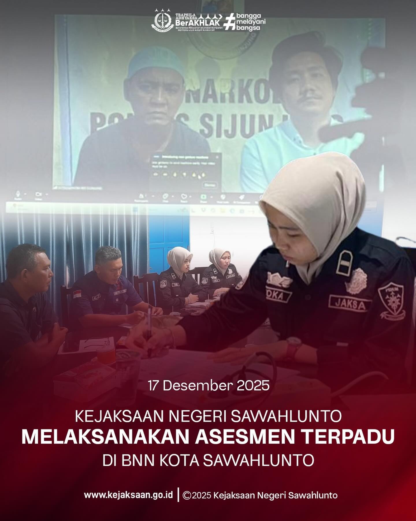 Bahwa pada Rabu tanggal 17 Desember, Pukul 09.30 Wib, Bertempat di Kantor BNN Kota Sawahlunto, Kasubsi Penuntutan, Eksekusi, dan Eksaminasi pada Seksi Tindak Pidana Umum Kejaksaan Negeri Sawahlunto, Ibu Alfi Soka Hananti, S.H., selaku Anggota Tim Assesment Terpadu BNN Kota Sawahlunto mengikuti Pelaksanaan Asesmen terhadap perkara narkotika.Kegiatan Tim Asesmen Terpadu (TAT) terhadap perkara narkotika merupakan bagian dari mekanisme penanganan perkara narkotika yang mengedepankan prinsip keadilan, profesionalitas, dan pendekatan rehabilitatif.Pelaksanaan Asesmen Terpadu bertujuan untuk memperoleh rekomendasi yang komprehensif dan objektif terkait status tersangka, apakah sebagai pecandu, korban penyalahgunaan, atau pengedar narkotika. Hasil asesmen ini menjadi dasar dalam menentukan langkah penanganan selanjutnya, khususnya terkait penempatan pada lembaga rehabilitasi medis dan/atau rehabilitasi sosial sesuai dengan ketentuan peraturan perundang-undangan yang berlaku.Melalui kegiatan ini, diharapkan terwujud sinergi dan koordinasi yang optimal antara aparat penegak hukum dan instansi terkait, sehingga penanganan perkara narkotika dapat dilaksanakan secara tepat, berkeadilan, serta berorientasi pada pemulihan dan perlindungan masyarakat dari bahaya penyalahgunaan narkotika. - from Instagram
