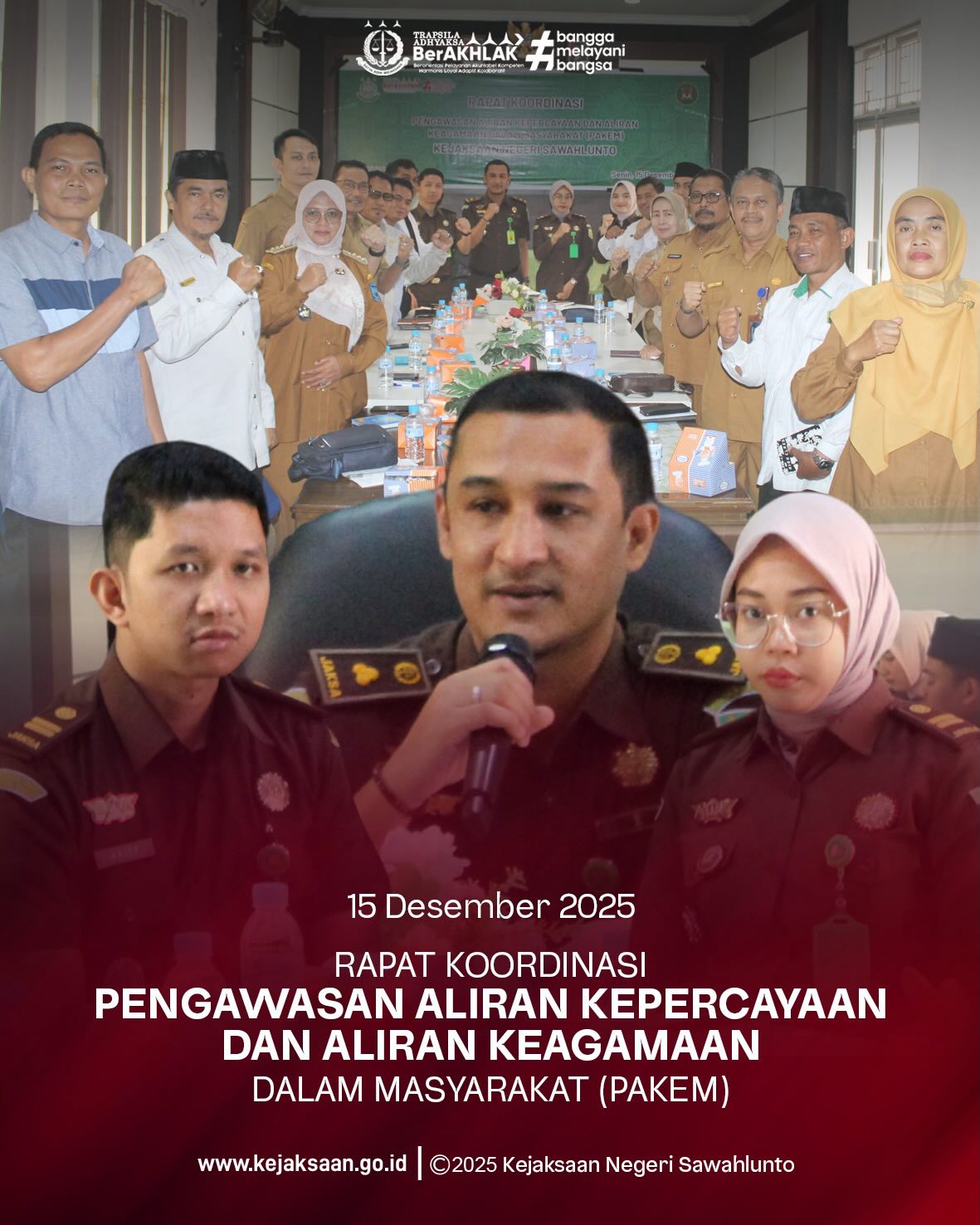 Bahwa pada Senin tanggal 15 Desember 2025, Pukul 10.00 Wib, bertempat di Aula Kejaksaan Negeri Sawahlunto, Kepala Seksi Intelijen Kejaksaan Negeri Sawahlunto, Bapak Rendra Taqwa Agusto, S.H., bersama Kasubsi I Bidang Intelijen Kejaksaan Negeri Sawahlunto, Bapak Arief Hidayat, S.H., dan Kasubsi II Bidang Intelijen Kejaksaan Negeri Sawahlunto, Ibu Laras Iga Mawarni, S.H., beserta staff Bidang Intelijen Kejaksaan Negeri Sawahlunto melaksanakan Kegiatan Pengawasan Aliran Kepercayaan dan Aliran Keagamaan Masyarakat (PAKEM) di wilayah Hukum Kejaksaan Negeri Sawahlunto.Kegiatan ini dibuka dengan kata sambutan dari Kepala Seksi Intelijen Kejaksaan Negeri Sawahlunto, Rapat Koordinasi ini penting untuk melakukan pengawasan aliran kepercayaan dan aliran keagamaan masyarakat dimana berdasarkan Peraturan Jaksa Agung No. PER-019/A/JA/09/2015 tentang Tim Koordinasi Pengawasan Aliran Kepercayaan dan Aliran Keagamaan dalam Masyarakat.Dalam Perja tersebut Kejaksaan mempunyai Tugas sebagai berikut :1. Menerima dan menganalisa laporan dan atau informasi tentang Aliran Kepercayaan Masyarakat atau Aliran Keagamaan.2. Meneliti dan menilai secara cermat perkembangan suatu Aliran Kepercayaan atau Aliran Keagamaan untuk mengetahui dampak dampaknya bagi ketertiban dan ketentraman umum.3. Mengajukan laporan dan saran sesuai dengan jenjang wewenang dan tanggungjawab.dan Fungsi sebagai berikut :1. Menyelenggarakan rapat baik secara berkala maupun sewaktu-waktu sesuai kebutuhan.2. Menyelenggarakan pertemuan, konsultasi dengan instansi dan badan-badan lainnya yang dipandang perlu, baik Lembaga Pemerintah maupun Non Pemerintah sesuai kepentingannya.3. Mengadakan pertemuan dengan penganut Aliran Kepercayaan atau Aliran Keagamaan yang dipandang perlu. - from Instagram