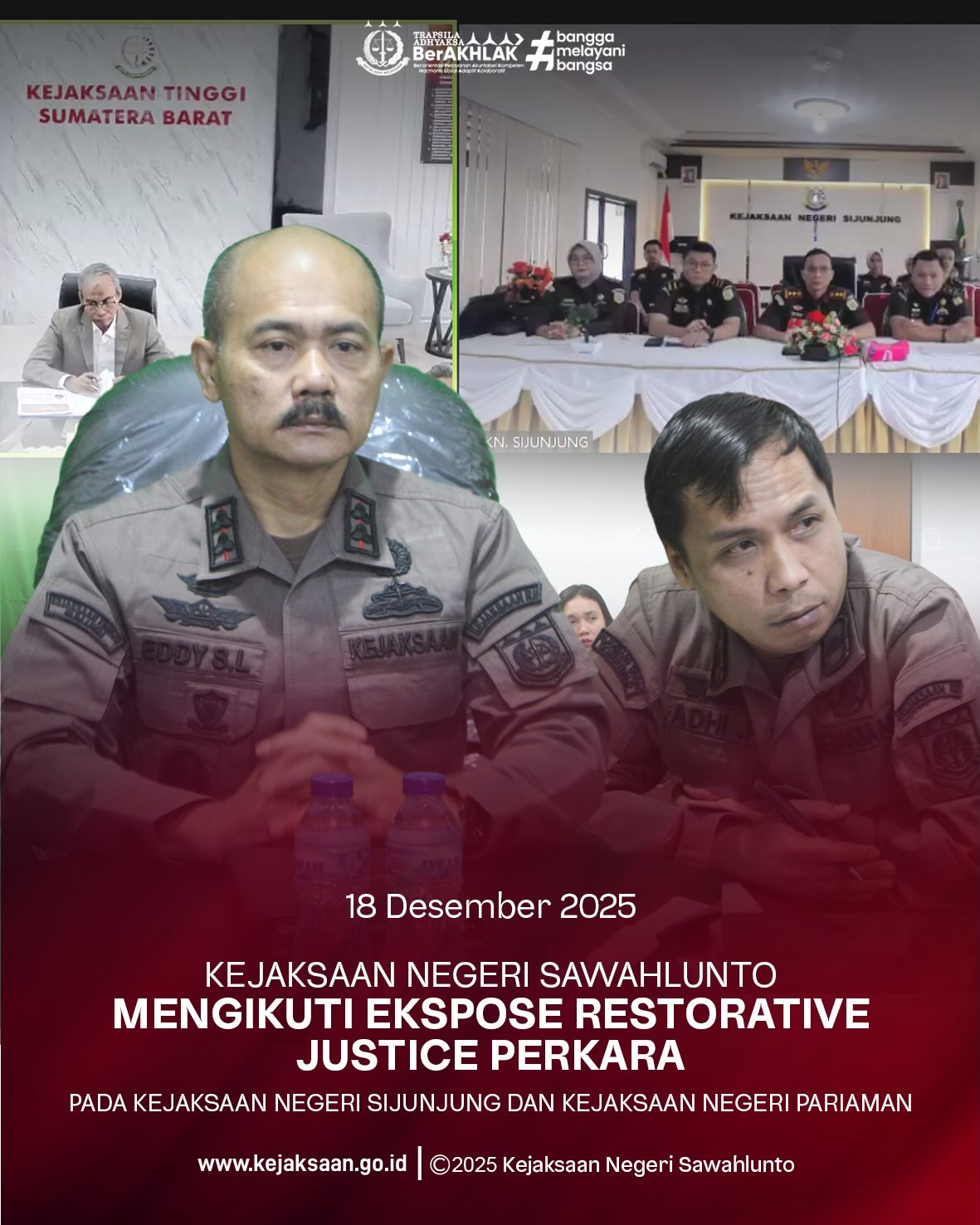 Bahwa pada Kamis tanggal 18 Desember 2025, Pukul 08.00Wib, bertempat di Ruang Video Conference Kantor Kejaksaan Negeri Sawahlunto, Kepala Kejaksaan Negeri Sawahlunto, Bapak Eddy Samrah L, S.H., M.H., Kepala Seksi Tindak Pidana Umum, Bapak Adhi Putra Graha, S.H., bersama Para Kasubsi, Jaksa Fungsional beserta Staff Kejaksaan Negeri Sawahlunto mengikuti Ekspose Restorative Justice Mandiri Perkara Narkotika Kejaksaan Negeri Sijunjung dan Kejaksaan Negeri Pariawan secara Daring bersama Kejaksaan Tinggi Sumatera Barat beserta Kejari se-Sumatera Barat.Bahwa dari kegiatan ekspose Restorative Justice atas satu perkara Narkotika dari Kejaksaan Negeri Sijunjung dan Kejaksaan Negeri Pariaman disetujui oleh Kepala Kejaksaan Tinggi Sumatera Barat.Restorative Justice di Kejaksaan adalah penyelesaian perkara dengan melibatkan pelaku, korban, keluarga pelaku dan keluarga korban , tokoh masyarakat, Penyidik dan pihak terkait lainnya untuk bersama- sama mencari penyelesaian permasalahan untuk mendapatkan kemanfaatan dan keadilan serta memulihkan keadaan semula sebagai penyelesaian perkara menghindari dendam diantara pihak pelaku dan korban dan mengembalikan hubungan yg telah renggang akibat perbuatan pelaku, menciptakan kembali keharmonisan di tengah masyarakat, Pendekatan ini diatur dalam Peraturan Jaksa Agung Nomor 15 Tahun 2020 tentang Penghentian Penuntutan berdasarkan Keadilan Restoratif, fokus pada pemulihan keadaan ke keadaan semula bukan semata mata pembalasan. Pada perkara tertentu penyelesaian perkara dengan Restorative Justice ini lebih efektif, karena tujuan hukum selain kepastian hukum juga hukum itu harus membawa manfaat dan keadilan, bukan tujuan pembalasan saja terhadap pelaku. - from Instagram