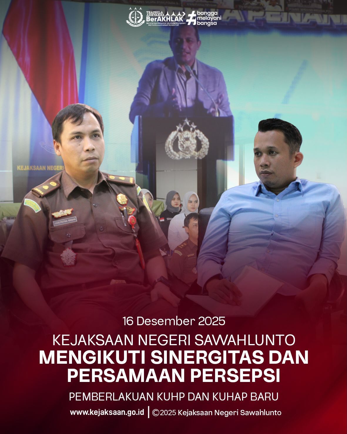 Bahwa pada Selasa tanggal 16 Desember 2025, Pukul 13.30 Wib, Bertempat di Aula Kejaksaan Negeri Sawahlunto, Kepala Seksi Tindak Pidana Umum, Bapak Adhi Putra Graha, S.H., dan Kepala Seksi Perdata dan Tata Usaha Negara, Bapak Didi Vinaldo Edwar, S.H., bersama Para Kasubsi, Jaksa Fungsional, beserta Staff Kejaksaan Negeri Sawahlunto mengikuti Sinergitas dan Persamaan Persepsi Pemberlakuan KUHP dan KUHAP Baru secara daring melalui Zoom Meeting.Kejaksaan Republik Indonesia bersama Kepolisian Negara Republik Indonesia menyelenggarakan kegiatan Sinergitas dan Persamaan Persepsi Pemberlakuan KUHP Baru dan KUHAP Baru sebagai upaya menyamakan pemahaman serta memperkuat koordinasi antar aparat penegak hukum.   Kegiatan ini menghadirkan narasumber nasional yang berkompeten di bidang hukum pidana, guna membahas secara komprehensif implementasi KUHP dan KUHAP baru dalam praktik penegakan hukum yang berkeadilan, profesional, dan berorientasi pada kepastian hukum.Melalui kegiatan ini, diharapkan terbangun kesamaan langkah dan visi antar institusi dalam menyongsong era baru sistem hukum pidana nasional. - from Instagram