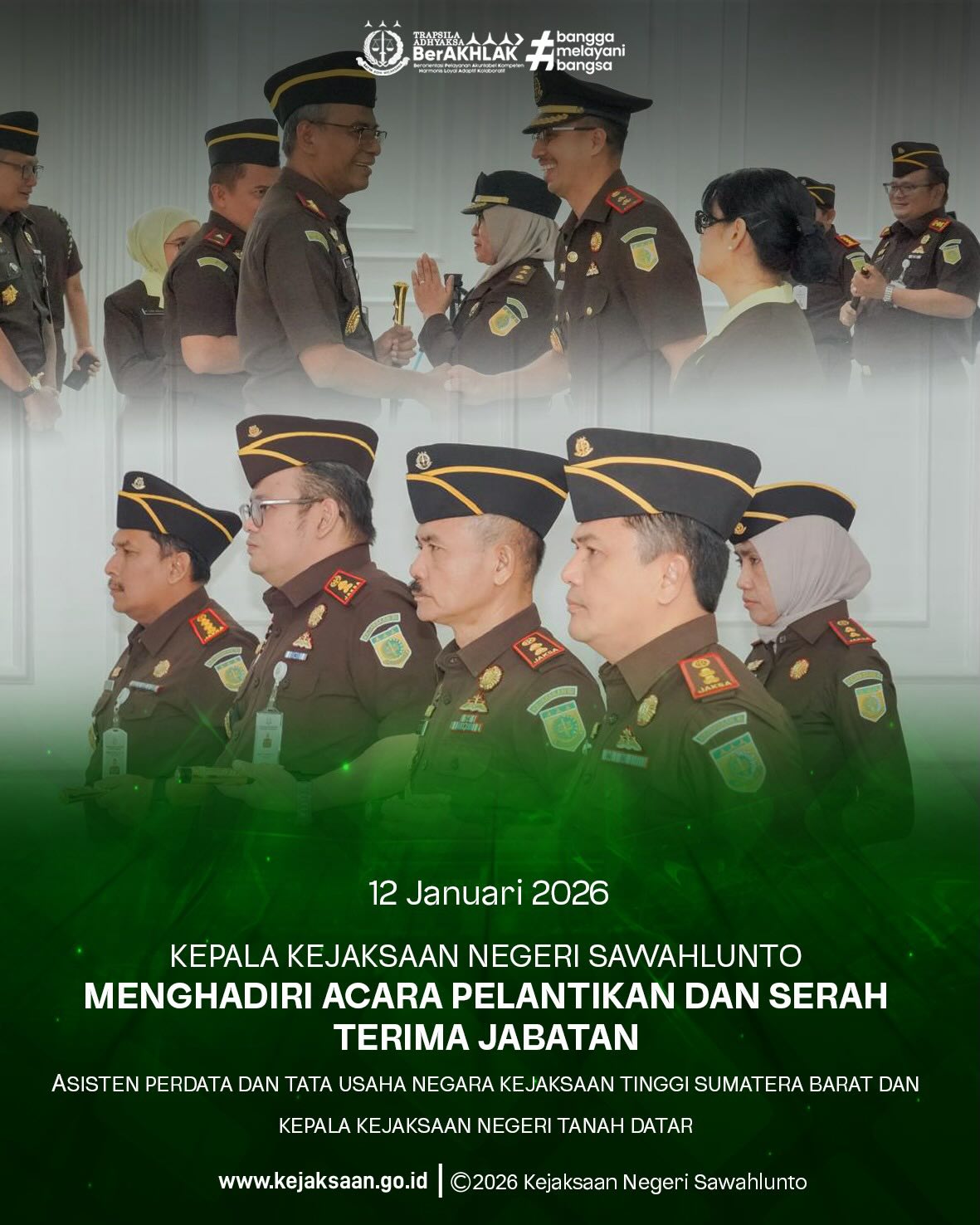Bahwa pada Senin tanggal 12 Januari 2026, Pukul 08.30 Wib, Bertempat di Kejaksaan Tinggi Sumatera Barat, Kepala Kejaksaan Negeri Sawahlunto, Bapak Eddy Samrah L, S.H., M.H., Menghadiri Acara Pelantikan dan Serah Terima Jabatan Asisten Perdata dan Tata Usaha Negara Kejaksaan Tinggi Sumatera Barat dan Kepala Kejaksaan Negeri Tanah Datar.Dalam upacara tersebut, dilaksanakan pelantikan dan serah terima jabatan Asisten Perdata dan Tata Usaha Negara Kejaksaan Tinggi Sumatera Barat dari Ibu Futin Helena Laoli, S.H., M.H. kepada Ibu Hetty Cahyaningrum, S.H., C.N., serta Kepala Kejaksaan Negeri Tanah Datar dari Bapak Anggiat AP Pardede, S.H., M.H. kepada Bapak Ryan Palasi, S.H., M.H.Kegiatan ini merupakan bagian dari proses pembinaan organisasi dan penyegaran struktural guna meningkatkan kinerja, profesionalisme, serta optimalisasi pelaksanaan tugas dan fungsi Kejaksaan dalam penegakan hukum dan pelayanan kepada masyarakat.Semoga pejabat yang dilantik dapat mengemban amanah dengan penuh integritas, dedikasi, dan tanggung jawab demi terwujudnya penegakan hukum yang berkeadilan. - from Instagram