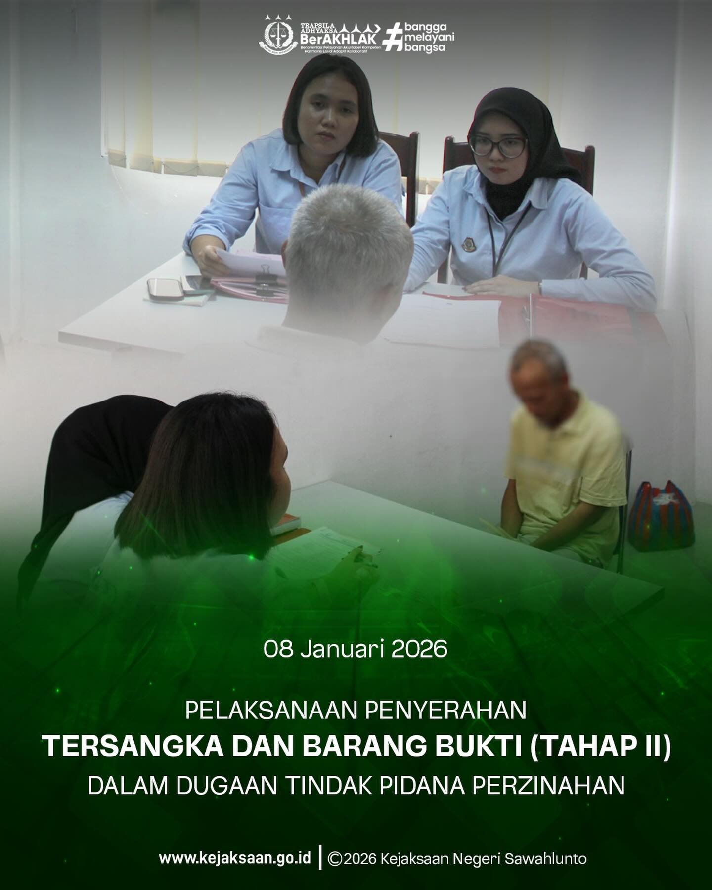Bahwa pada Kamis tanggal 8 Januari 2026, Pukul 14.00 Wib, bertempat di Ruang Pemeriksaan Tahap II telah dilaksanakan Pelaksanaan Penyerahan Tersangka dan Barang Bukti (Tahap II) oleh Jaksa Penuntut Umum, Ibu Amelia Maharani Harley, S.H., dan Ibu Evi Ratna Evalinda, S.H., dalam Perkara Dugaan Tindak Pidana Perzinahan. - from Instagram