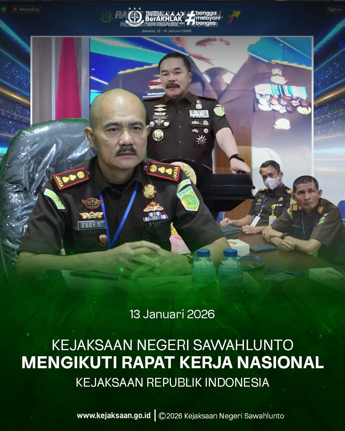 Bahwa pada Selasa tangga 13 Januari 2026, Pukul 07.30 Wib, Bertempat di Ruang Video Conference, Kepala Kejaksaan Negeri Sawahlunto, beserta Para Kasi/Kasubag, dan Staff Kejaksaan Negeri Sawahlunto, Mengikuti Rapat Kerja Nasional Kejaksaan Republik Indonesia. Dalam rangka meningkatkan kualitas kinerja serta memperkuat koordinasi dan sinergi antar jajaran, kegiatan ini dilaksanakan sebagai wujud komitmen bersama untuk mewujudkan penegakan hukum yang profesional, berintegritas, transparan, dan akuntabel. Melalui pelaksanaan kegiatan ini diharapkan seluruh aparatur semakin solid, memiliki kesamaan visi dan pemahaman, serta mampu mengimplementasikan kebijakan dan program kerja secara optimal demi memberikan pelayanan hukum yang terbaik kepada masyarakat dan mendukung tercapainya tujuan organisasi secara berkelanjutan. - from Instagram
