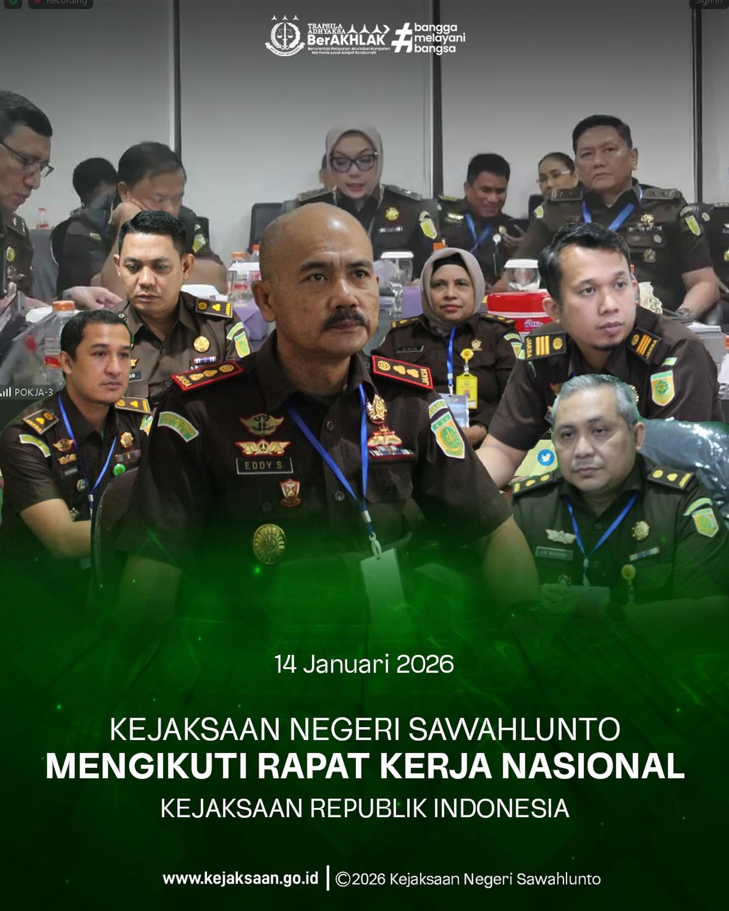 Bahwa pada Rabu tanggal 14 Januari 2026, Pukul 07.30 Wib, Bertempat di Ruang Video Conference, Kepala Kejaksaan Negeri Sawahlunto, beserta Para Kasi/Kasubag, dan Staff Kejaksaan Negeri Sawahlunto, Mengikuti Rapat Kerja Nasional Kejaksaan Republik Indonesia pada hari Ke-2.Dalam rangka meningkatkan kualitas kinerja serta memperkuat koordinasi dan sinergi antar jajaran, kegiatan ini dilaksanakan sebagai wujud komitmen bersama untuk mewujudkan penegakan hukum yang profesional, berintegritas, transparan, dan akuntabel. Melalui pelaksanaan kegiatan ini diharapkan seluruh aparatur semakin solid, memiliki kesamaan visi dan pemahaman, serta mampu mengimplementasikan kebijakan dan program kerja secara optimal demi memberikan pelayanan hukum yang terbaik kepada masyarakat dan mendukung tercapainya tujuan organisasi secara berkelanjutan. - from Instagram