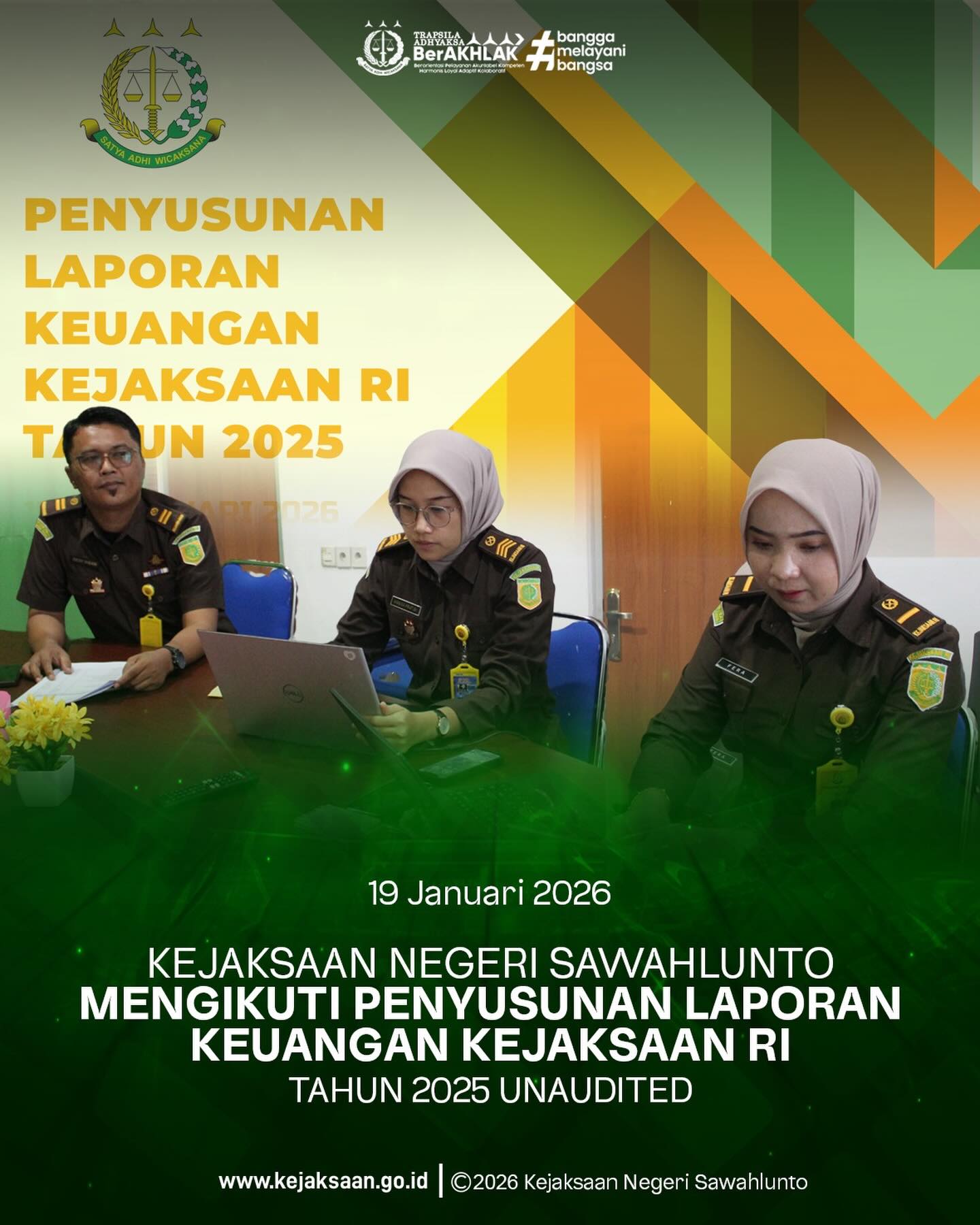 Bahwa pada Senin tanggal 19 Januari 2026, Pukul 08.30 Wib, bertempat di Ruang Video Conference Kejaksaan Negeri Sawahlunto, Para Pegawai Keuangan Kejaksaan Negeri Sawahlunto, mengikuti Penyusunan Laporan Keuangan Kejaksaan RI Tahun 2025 Unaudited. Dalam rangka menindaklanjuti petunjuk teknis dari Jaksa Agung Muda Pembinaan, Kejaksaan Republik Indonesia melalui Biro Keuangan melaksanakan kegiatan Penyusunan dan Pengiriman Laporan Keuangan Tahun 2025 (Unaudited) yang diselenggarakan secara daring melalui aplikasi Zoom Meeting pada tanggal 19 s.d. 23 Januari 2026.Kegiatan ini diikuti oleh jajaran keuangan pada seluruh Kejaksaan Tinggi se-Indonesia sebagai wujud komitmen dalam mewujudkan pengelolaan keuangan negara yang akuntabel, transparan, dan tertib administrasi. - from Instagram