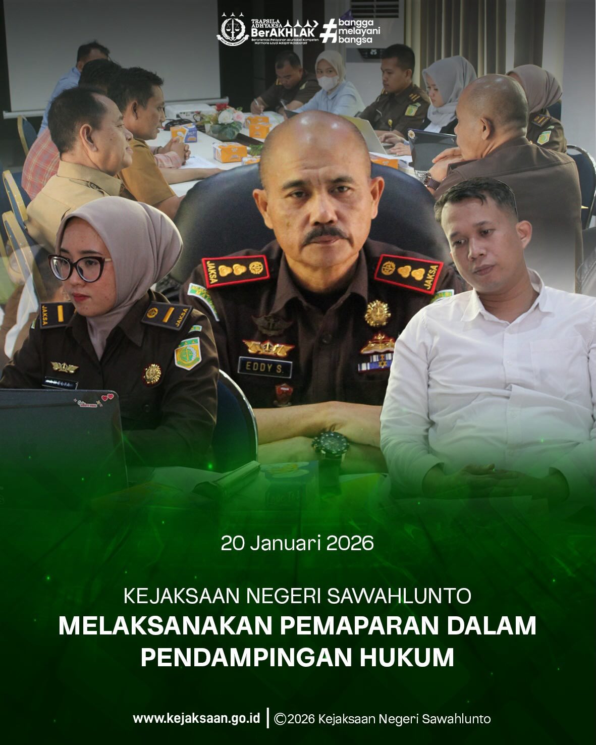 Bahwa pada Selasa tanggal 20 Januari 2026, Pukul 15.00 Wib, Bertempat di Aula Kejaksaan Negeri Sawahlunto, Kepala Kejaksaan Negeri Sawahlunto, Bapak Eddy Samrah L, S.H., M.H., bersama Kepala Seksi Perdata dan Tata Usaha Negara, Bapak Didi Vinaldi Edwar, S.H., Kasubsi Perdata dan Tata Usaha Negara, Ibu Amelia Maharani Harley, S.H., jaksa fungsional dan Staff Kejaksaan Negeri Sawahlunto telah melaksanakan pemaparan pendampingan hukum. Dalam rangka menindaklanjuti permohonan pendampingan hukum pengelolaan daya tarik wisata Tahun Anggaran 2026, Kejaksaan Negeri Sawahlunto melalui Bidang Perdata dan Tata Usaha Negara (Datun) melaksanakan kegiatan ekspose/pemaparan pendampingan hukum bersama Dinas Pariwisata, Pemuda dan Olahraga Kota Sawahlunto. Kegiatan ini bertujuan untuk mewujudkan pengelolaan destinasi pariwisata yang tertib administrasi, akuntabel, serta sesuai dengan ketentuan peraturan perundang-undangan, sebagai bentuk komitmen bersama dalam mendukung pembangunan daerah yang transparan dan berintegritas. - from Instagram