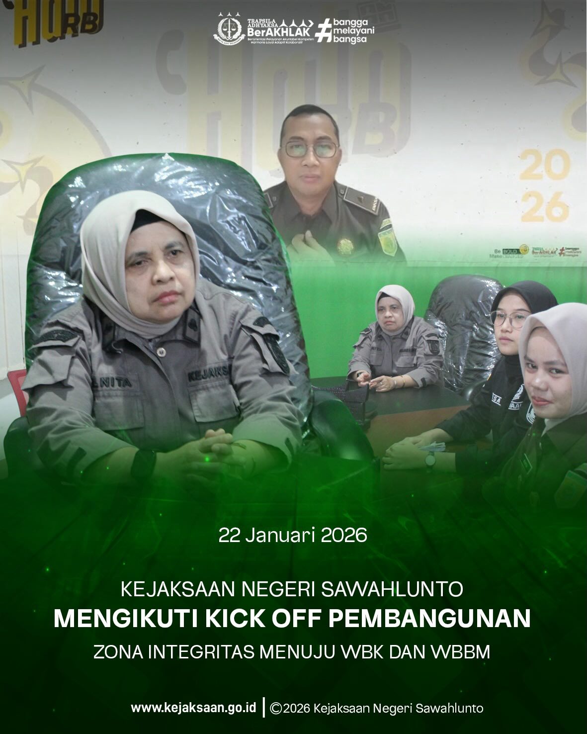 Bahwa pada Kamis tanggal 22 Januari 2026, Pukul 10.00 Wib, bertempat di Ruang Video Conference Kejaksaan Negeri Sawahlunto, Kepala Subbagian Pembinaan, Ibu Elnita, S.H., bersama Staff Bidang Pembinaan Kejaksaan Negeri Sawahlunto, mengikuti Kick Off Pembangunan Zona Integritas Menuju WBK dan WBBM secara daring melalui Zoom Meeting.Kegiatan ini bertujuan untuk meningkatkan pemahaman dan komitmen seluruh jajaran dalam pelaksanaan Reformasi Birokrasi, memperkuat koordinasi dan komunikasi internal, serta mendukung terwujudnya tata kelola pemerintahan yang bersih, akuntabel, dan berorientasi pada pelayanan publik, guna mendorong pencapaian Zona Integritas menuju WBK dan WBBM. - from Instagram
