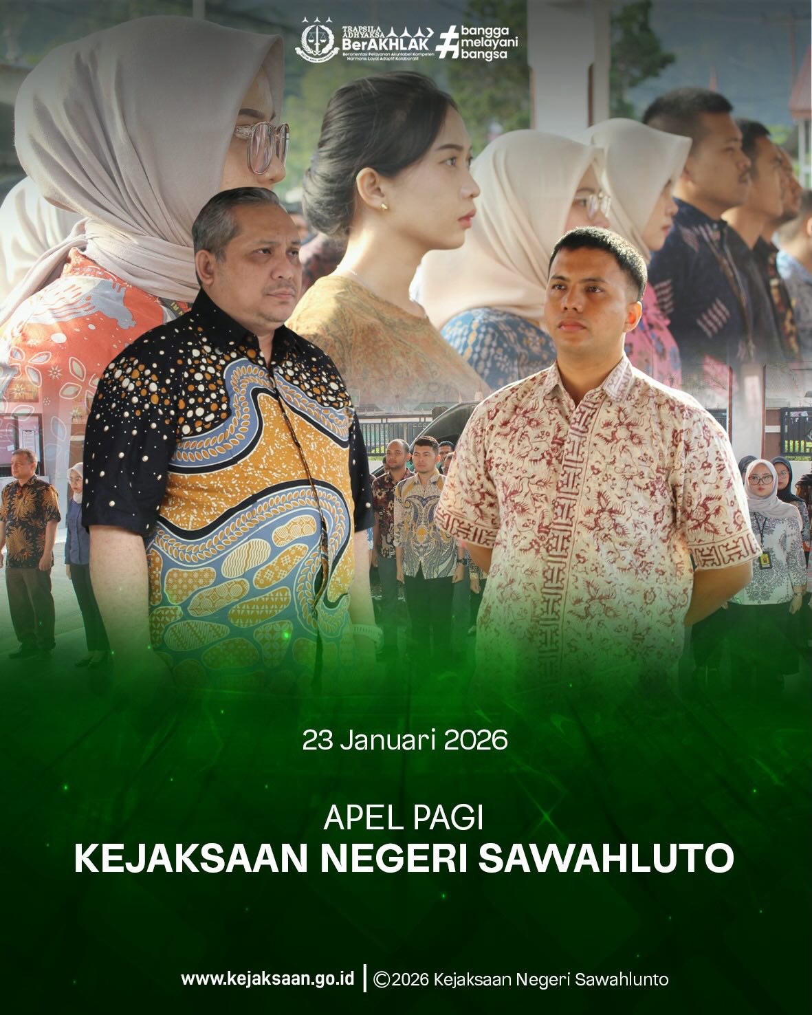 Bahwa pada hari Jumat, 23 Januari 2026, Pukul 07.30 wib, bertempat di Halaman Kantor Kejaksaan Negeri Sawahlunto, telah di laksanakan Apel Pagi yang dipimpin oleh Kepala Seksi Pemulihan Aset dan Pengelolaan Barang Bukti, Bapak Jovan Kurata Waruwu, S.H., M.H., dan diikuti oleh seluruh Pegawai serta PPNPN Kejaksaan Negeri Sawahlunto.Apel pagi merupakan kegiatan rutin dan kewajiban setiap ASN untuk memperkuat disiplin, menumbuhkan semangat kerja, serta meningkatkan komitmen seluruh pegawai dalam memberikan pelayanan terbaik kepada masyarakat.Kejaksaan Negeri Sawahlunto terus berkomitmen untuk memberikan pelayanan hukum yang optimal kepada masyarakat melalui kerja yang berorientasi pada integritas, akuntabilitas, dan kinerja yang berkeadilan. - from Instagram