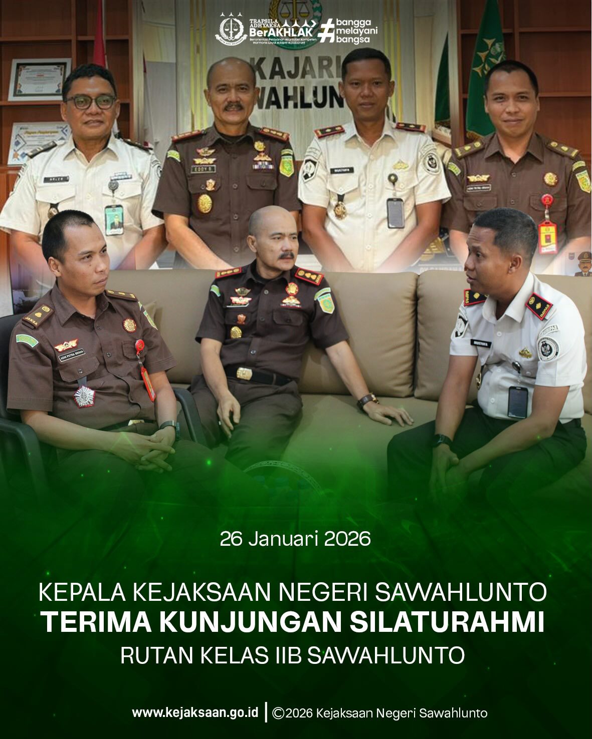 Bahwa pada Senin tanggal 26 Januari 2026, Pukul 10.30 Wib, Bertempat di Ruang Kantor Kejaksaan Negeri Sawahlunto, Kepala Kejaksaan Negeri Sawahlunto, Bapak Eddy Samrah L, S.H., bersama Kepala Seksi Tindak Pidana Umum, Bapak Adhi Putra Graha, S.H., Terima Kunjungan Silaturahmi dari Kepala Rutan Kelas IIB Sawahlunto, Bapak Mustofa beserta Jajaran.Dalam rangka memperkenalkan diri sebagai pejabat baru sekaligus mempererat hubungan kelembagaan antar aparat penegak hukum. Kunjungan ini menjadi momentum awal untuk saling mengenal serta memperkuat koordinasi dan komunikasi yang selama ini telah terjalin dengan baik antara Kejaksaan dan Rutan Sawahlunto.Dalam kunjungan tersebut, dibahas pentingnya sinergi dan kolaborasi yang berkesinambungan dalam mendukung pelaksanaan tugas dan fungsi masing-masing institusi, khususnya dalam rangka penegakan hukum, pelayanan publik, serta pembinaan terhadap warga binaan. Diharapkan melalui silaturahmi ini, kerja sama yang harmonis dan profesional dapat terus ditingkatkan guna mewujudkan sistem penegakan hukum yang berkeadilan, humanis, dan berintegritas di wilayah Kota Sawahlunto. - from Instagram