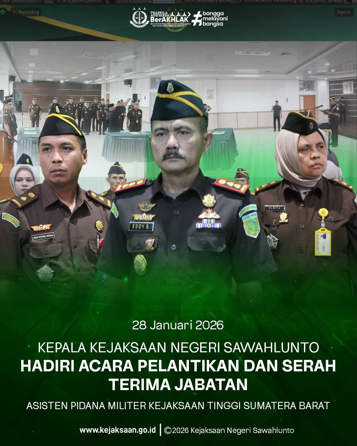 Bahwa pada Rabu tanggal 28 Januari 2026, Pukul 14.00 Wib, Bertempat di Ruang Video Conference, Kepala Kejaksaan Negeri Sawahlunto, Bapak Eddy Samrah L, S.H., M.H., beserta Kepala Seksi Tindak Pidana Umum, Bapak Adhi Putra Graha, S.H., Kepala Subbagian Pembinaan, Ibu Elnita S.H., beserta staff Kejaksaan Negeri Sawahlunto, Menghadiri Acara Pelantikan dan Serah Terima Jabatan Asisten Pidana Militer Kejaksaan Tinggi Sumatera Barat secara daring melalui Zoom Meeting.Dalam upacara tersebut, dilaksanakan pelantikan dan serah terima jabatan Asisten Pidana Militer Kejaksaan Tinggi Sumatera Barat.Kegiatan ini merupakan bagian dari proses pembinaan organisasi dan penyegaran struktural guna meningkatkan kinerja, profesionalisme, serta optimalisasi pelaksanaan tugas dan fungsi Kejaksaan dalam penegakan hukum dan pelayanan kepada masyarakat.Semoga pejabat yang dilantik dapat mengemban amanah dengan penuh integritas, dedikasi, dan tanggung jawab demi terwujudnya penegakan hukum yang berkeadilan. - from Instagram