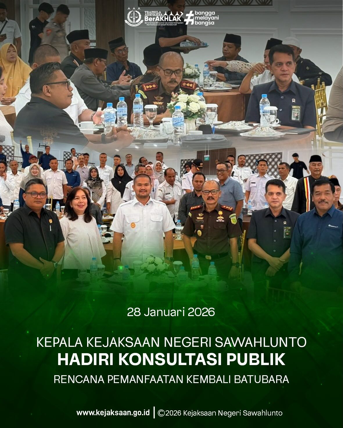 Bahwa pada Rabu tanggal 28 Januari 2026, Pukul 09.00 Wib, Bertempat di Hotel SAKA Ombilin Heritage Sawahlunto, Kepala Kejaksaan Negeri Sawahlunto, Bapak Eddy Samrah L, S.H., M.H., Menghadiri Konsultasi Publik terkait Rencana Pemanfaatan Kembali Batubara Ombilin di Sawahlunto.Sehubungan dengan undangan Konsultasi Publik terkait Rencana Pemanfaatan Kembali Batubara di Ombilin, Sawahlunto, kegiatan ini menjadi bagian penting dalam menjaring masukan, tanggapan, serta aspirasi dari para pemangku kepentingan dan masyarakat.Konsultasi publik ini diharapkan dapat mendukung proses perencanaan yang transparan, partisipatif, serta selaras dengan upaya pelestarian Warisan Tambang Batubara Ombilin Sawahlunto sebagai Cagar Budaya Nasional.Sinergi dan kolaborasi lintas sektor menjadi kunci dalam mewujudkan pemanfaatan sumber daya yang berkelanjutan dan bertanggung jawab. - from Instagram