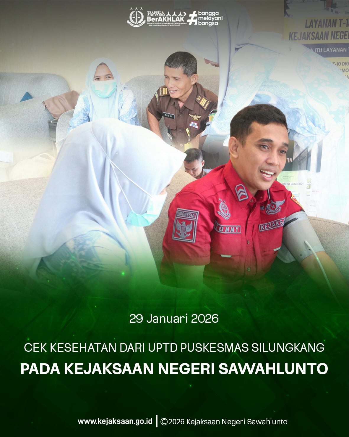 Bahwa pada Kamis tanggal 29 Januari 2026, Pukul 09.30 Wib, Bertempat di PTSP Kejaksaan Negeri Sawahlunto, telah Dilakukan Cek Kesehatan dari UPTD Puskesmas Silungkang pada Pegawai Kejaksaan Negeri Sawahlunto.Kejaksaan Negeri Sawahlunto menerima kegiatan Cek Kesehatan Gratis yang dilaksanakan oleh UPTD Puskesmas Silungkang sebagai bentuk kepedulian terhadap kesehatan pegawai, guna meningkatkan kesadaran akan pentingnya menjaga kesehatan dalam menunjang pelaksanaan tugas dan pelayanan kepada masyarakat. - from Instagram