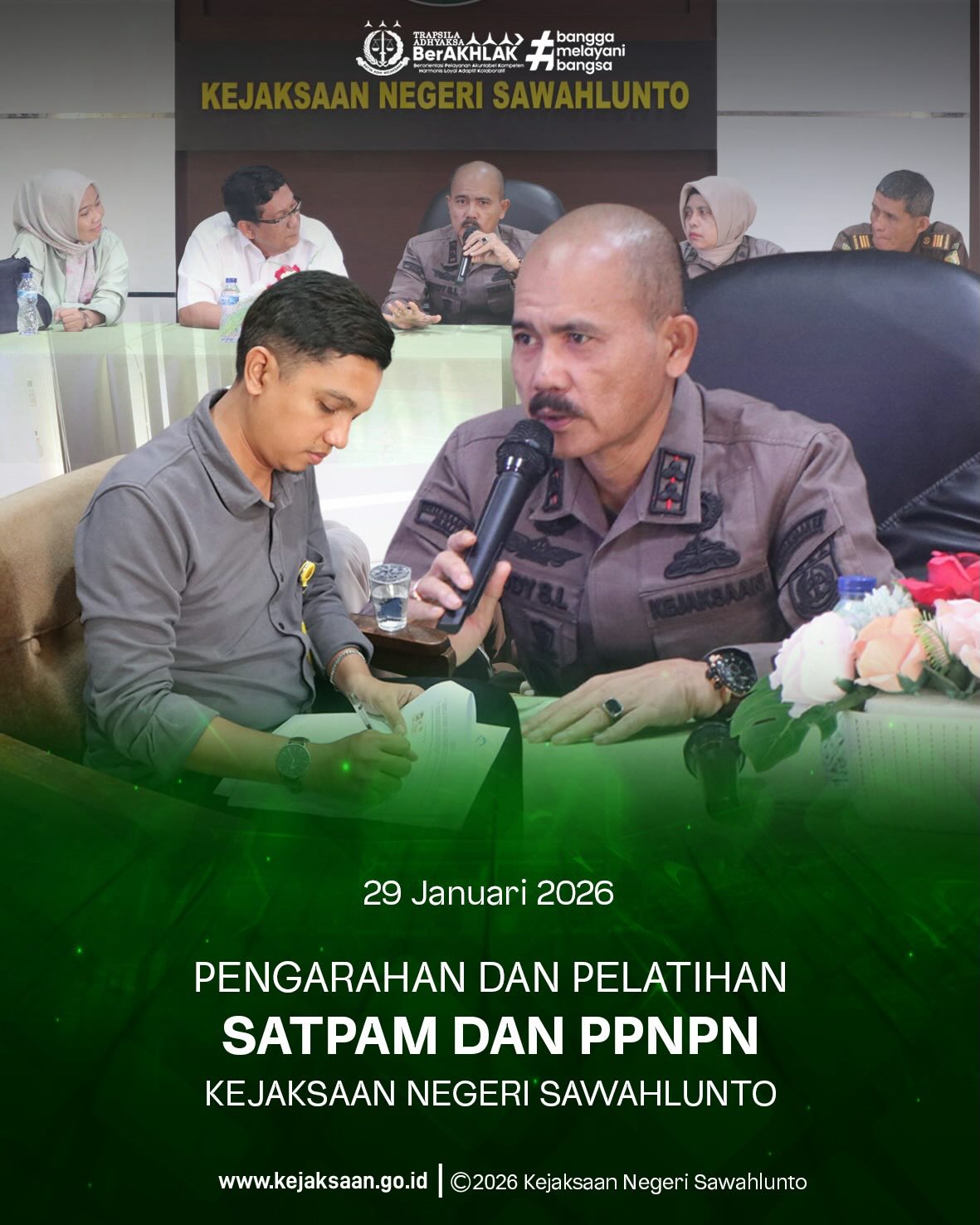 Bahwa pada Kamis tanggal 29 Januari 2026, Pukul 09.00 Wib, Bertempat di Aula Kejaksaan Negeri Sawahlunto, Kepala Kejaksaan Negeri Sawahlunto, Bapak Eddy Samrah L, S.H.,M.H., bersama Kepala Subbagian Pembinaan, Ibu Elnita S.H., Kaur Tata Usaha, Kepegawaian dan Keuangan dan Penerimaan Bukan Pajak, Bapak Suardi Yulanda, S.H., serta Satpam dan PPNPN Kejaksaan Negeri Sawahlunto telah melaksanakan Pengarahan dan Pelatihan.Kegiatan pengarahan dan pelatihan Satpam serta PPNPN dilaksanakan sebagai upaya peningkatan profesionalisme, disiplin, dan pemahaman terhadap tugas serta tanggung jawab di lingkungan instansi. Kegiatan ini dirangkaikan dengan penandatanganan Perjanjian Kerja Waktu Tertentu (PKWT) sebagai bentuk komitmen bersama dalam menjalankan tugas sesuai ketentuan yang berlaku, guna mendukung terciptanya lingkungan kerja yang tertib, aman, dan optimal dalam pelayanan. - from Instagram