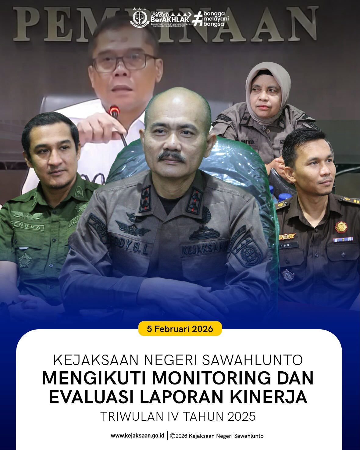 Bahwa pada Kamis tanggal 5 Februari 2026, Pukul 09.00 WIB, Bertempat di Ruang Video Conference Kejaksaan Negeri Sawahlunto, Kepala Kejaksaan Negeri Sawahlunto, Bapak Eddy Samrah L, S.H., M.H., bersama Para Kasi/Kasubag, Para Kasubsi, Jaksa Fungsional dan Staff Kejaksaan Negeri Sawahlunto, Mengikuti Monitoring dan Evaluasi Laporan Kinerja Triwulan IV Tahun 2025.Kejaksaan Republik Indonesia terus berkomitmen meningkatkan kualitas kinerja dan akuntabilitas melalui kegiatan Monitoring dan Evaluasi (Monev) Laporan Kinerja Triwulan IV Tahun 2025.Kegiatan ini menjadi sarana evaluasi, penguatan koordinasi, serta refleksi atas capaian kinerja yang telah dilaksanakan, guna mendorong peningkatan pelayanan dan profesionalisme di setiap satuan kerja.Melalui Monev ini diharapkan seluruh jajaran dapat terus menjaga integritas, transparansi, dan kinerja optimal dalam pelaksanaan tugas dan fungsi penegakan hukum.#KejaksaanRI #MonevKinerja #Akuntabilitas #ProfesionalBerintegritas #PelayananPrima - from Instagram