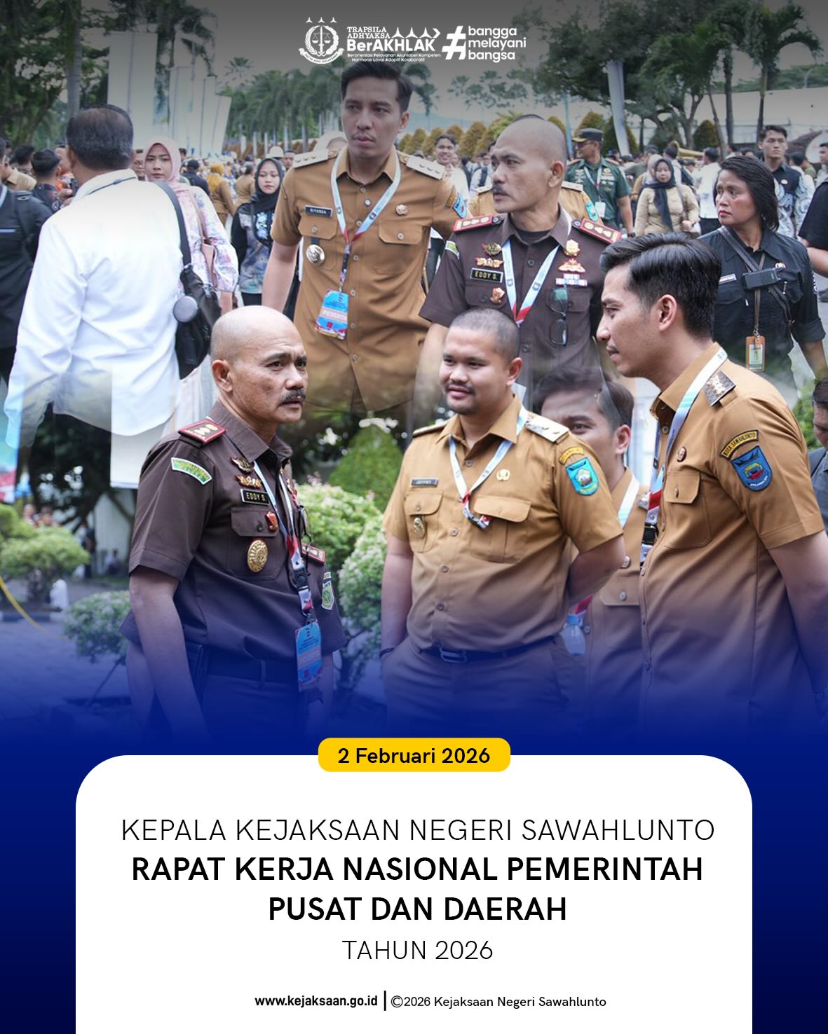 Bahwa pada Senin tanggal 2 Februari 2026, Pukul 06.00 WIB, Bertempat di Sentul International Convention Center, Bogor, Kepala Kejaksaan Negeri Sawahlunto, Bapak Eddy Samrah L, S.H., M.H., mengikuti Rapat Koordinasi Nasional Pemerintahan Pusat dan Daerah Tahun 2026.Menghadiri Rapat Koordinasi Nasional Pemerintah Pusat dan Daerah Tahun 2026 sebagai wujud sinergi dan komitmen Kejaksaan dalam mendukung tata kelola pemerintahan yang baik.Koordinasi yang kuat, komunikasi yang terbuka, dan kolaborasi yang berkelanjutan menjadi kunci dalam memberikan pelayanan terbaik untuk masyarakat.#KejaksaanRI #Rakornas2026 #SinergiUntukNegeri - from Instagram