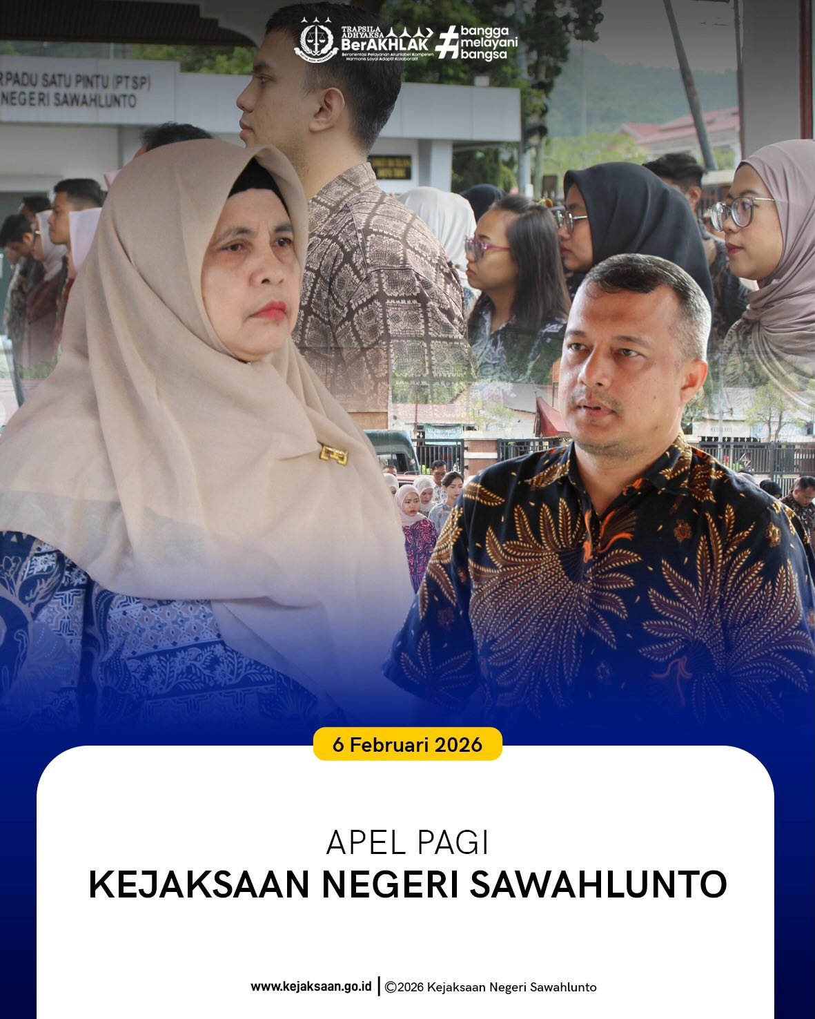 Bahwa pada hari Jumat, 6 Februari 2026, Pukul 07.30 WIB, bertempat di Halaman Kantor Kejaksaan Negeri Sawahlunto, telah di laksanakan Apel Pagi yang dipimpin oleh Kepala Subbagian Pembinaan, Ibu Elnita, S.H., dan diikuti oleh seluruh Pegawai serta PPNPN Kejaksaan Negeri Sawahlunto.Apel pagi merupakan kegiatan rutin dan kewajiban setiap ASN untuk memperkuat disiplin, menumbuhkan semangat kerja, serta meningkatkan komitmen seluruh pegawai dalam memberikan pelayanan terbaik kepada masyarakat.Kejaksaan Negeri Sawahlunto terus berkomitmen untuk memberikan pelayanan hukum yang optimal kepada masyarakat melalui kerja yang berorientasi pada integritas, akuntabilitas, dan kinerja yang berkeadilan. - from Instagram