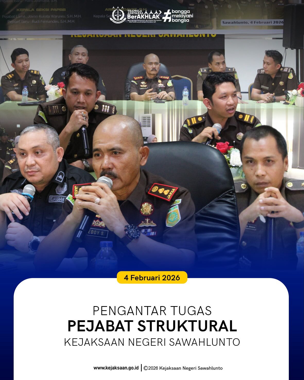 Bahwa pada Rabu tanggal 4 Februari 2026, Pukul 15.30 WIB, Bertempat di Aula Kejaksaan Negeri Sawahlunto telah dilaksanakan Pengantar Tugas Pejabat Struktural Kejaksaan Negeri Sawahlunto1. Bapak Adhi Putra Graha, S.H., sebagai Kepala Subbagian Pembinaan pada Kejaksaan Negeri Lampung Utara.2. Bapak Jovan Kurata Waruwu, S.H., M.H., sebagai Kepala Seksi Tindak Pidana Khusus pada Kejaksaan Negeri Agam.3. Bapak Didi Vinaldi Edwar, S.H., sebagai Kepala Seksi Tindak Pidana Khusus pada Kejaksaan Negeri Payakumbuh.4. Bapak Arief Hidayat, S.H., sebagai Kepala Seksi Pemulihan Aset dan Pengelolaan Barang Bukti pasa Kejaksaan Negeri Kep. Morotai.Pengantar Tugas Pejabat Struktural Kejaksaan Negeri Sawahlunto dilaksanakan sebagai bentuk penghormatan dan apresiasi atas pengabdian serta dedikasi yang telah diberikan selama menjalankan tugas di lingkungan Kejaksaan Negeri Sawahlunto.Kegiatan ini menjadi momen refleksi dan silaturahmi, sekaligus ungkapan terima kasih atas kontribusi nyata dalam mendukung pelaksanaan tugas dan fungsi Kejaksaan. Setiap jejak pengabdian yang ditorehkan menjadi bagian dari perjalanan institusi dalam memberikan pelayanan hukum kepada masyarakat.Semoga di tempat tugas yang baru senantiasa diberikan kelancaran, kesuksesan, dan keberkahan dalam menjalankan amanah. Terima kasih atas pengabdian dan dedikasi yang telah diberikan untuk Kejaksaan Negeri Sawahlunto.Selamat melanjutkan pengabdian, teruslah menginspirasi dengan integritas dan profesionalitas. - from Instagram