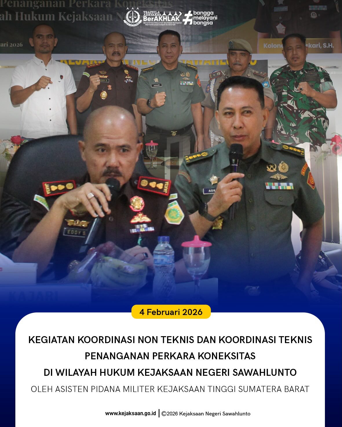 Bahwa pada Rabu tanggal 4 Februari 2026, Pukul 09.30 WIB, Bertempat di Kantor Kejaksaan Negeri Sawahlunto, Asisten Pidana Militer pada Kejaksaan Tinggi Sumatera Barat, Bapak Kolonel Chk Askari, S.H., M.H., beserta Jajaran melakukan Kegiatan Koordinasi Non Teknis dan Koordinasi Teknis Penanganan Perkara Koneksitas di Wilayah Hukum Kejaksaan Negeri Sawahlunto.Kegiatan Koordinasi Non Teknis dan Koordinasi Teknis Penanganan Perkara Koneksitas di wilayah hukum Kejaksaan Negeri Sawahlunto dilaksanakan sebagai upaya memperkuat sinergi dan kolaborasi antar aparat penegak hukum.Melalui koordinasi ini, diharapkan terjalin komunikasi dan kerja sama yang solid antara Kejaksaan, Kepolisian, TNI, dan PPNS dalam penanganan perkara koneksitas, sehingga proses penegakan hukum dapat berjalan secara efektif, profesional, dan sesuai ketentuan yang berlaku.Komitmen bersama ini menjadi bagian dari langkah nyata dalam menjaga integritas, meningkatkan kualitas penanganan perkara, serta memperkuat relasi kelembagaan demi terciptanya penegakan hukum yang berkeadilan dan terpercaya bagi masyarakat.#KejaksaanRI #KejatiSumbar #KejariSawahlunto #SinergiAPG #PenegakanHukumKoneksitas - from Instagram