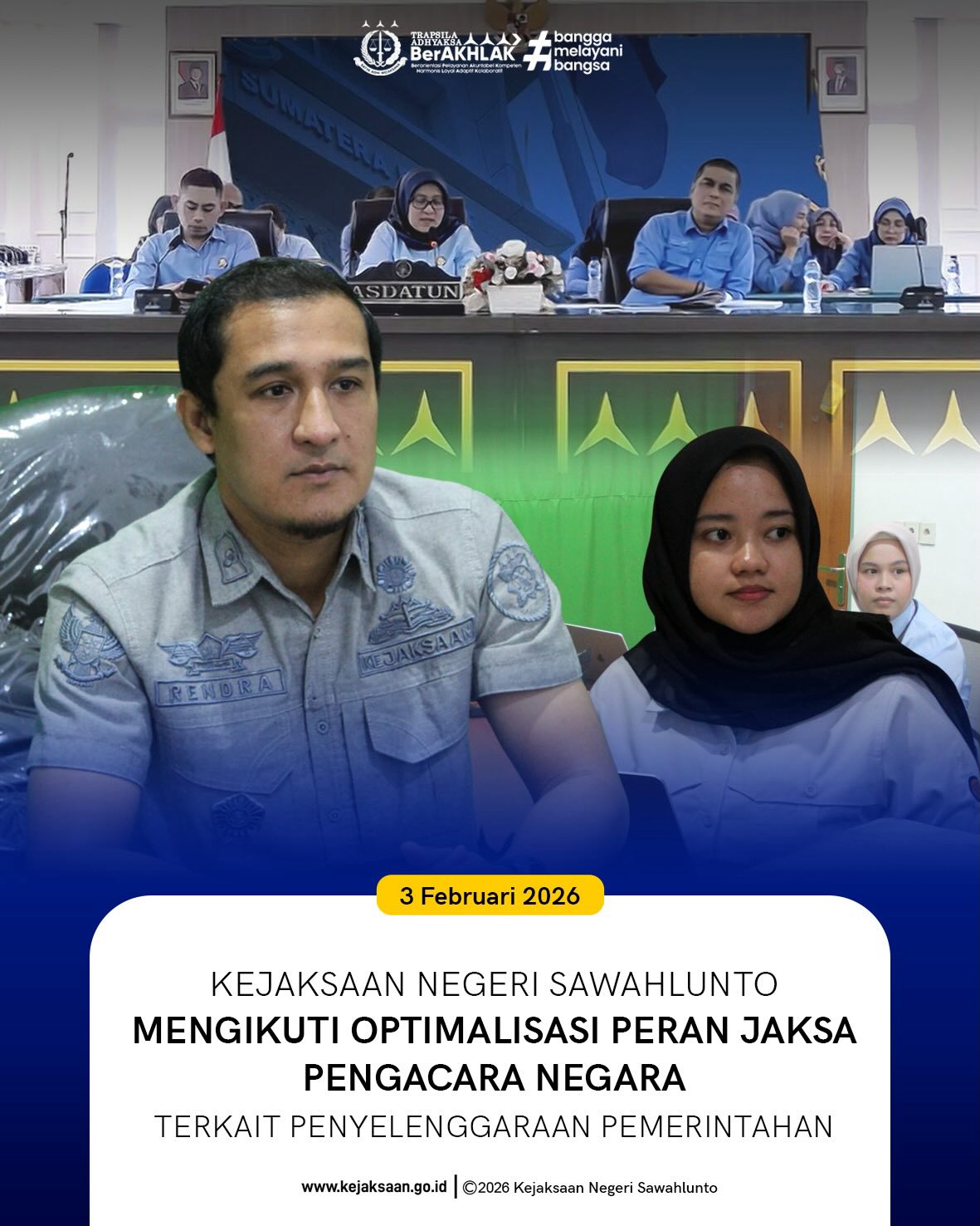 Bahwa pada Selasa tanggal 3 Februari 2026, Pukul 10.00 WIB, Bertempat di Ruang Video Conference, Plh Kepala Seksi Perdata dan Tata Usaha, Bapak Rendra Taqwa Agusto, S.H., beserta Jaksa Fungsional dan Staff Bidang Perdata dan Tata Usaha Negara Kejaksaan Negeri Sawahlunto, Mengikuti Optimalisasi Peran Jaksa Pengacara Terkait Penyelenggaraan Pemerintahan secara daring melalui zoom meeting.Mengikuti Zoom Meeting optimalisasi peran Jaksa Pengacara Negara (JPN) dalam penyelenggaraan pemerintahan sebagai wujud komitmen Kejaksaan RI untuk terus memperkuat fungsi pendampingan, pelayanan hukum, serta penegakan hukum di bidang Perdata dan Tata Usaha Negara.Kegiatan ini menjadi sarana koordinasi dan peningkatan kapasitas bagi para JPN agar semakin profesional, responsif, dan berintegritas dalam mengawal kepentingan negara dan pemerintah, baik di dalam maupun di luar pengadilan.Dengan sinergi dan pemahaman yang semakin kuat, diharapkan peran JPN dapat memberikan kontribusi nyata dalam menciptakan tata kelola pemerintahan yang baik (good governance) dan pelayanan publik yang optimal bagi masyarakat.#KejaksaanRI #JPN #DATUN #SinergiUntukNegeri #PelayananHukum GoodGovernance - from Instagram